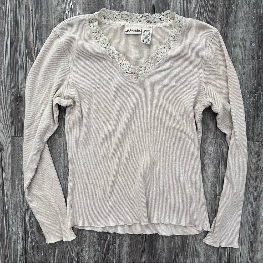 St. John’s Bay Cream Ribbed Lace Trim V-Neck Shirt